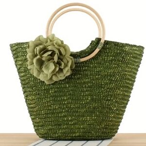 Green Woven Tote Bag with Floral Accent